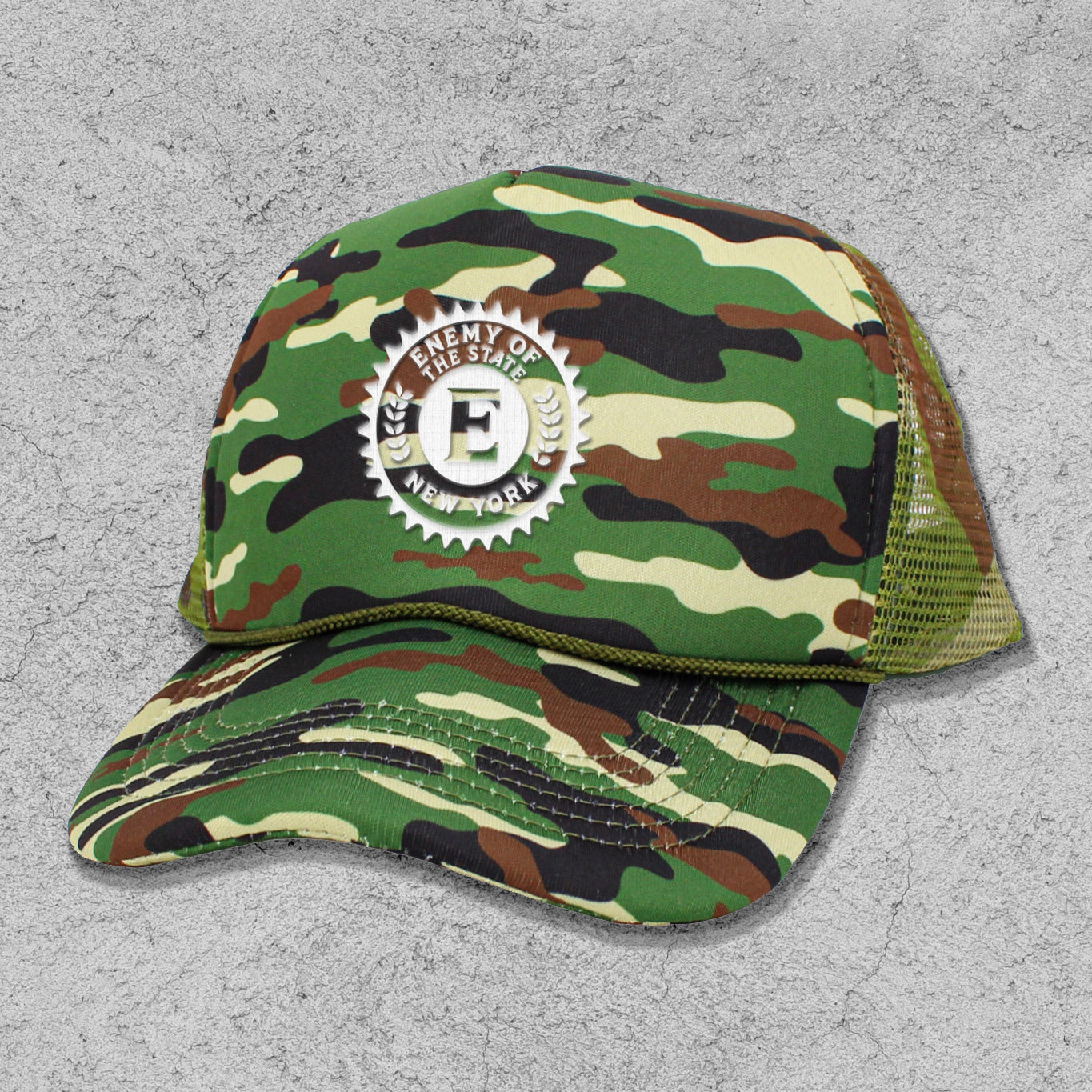 Forest Camo Bank of the Enemy State Embroidered Trucker Hat