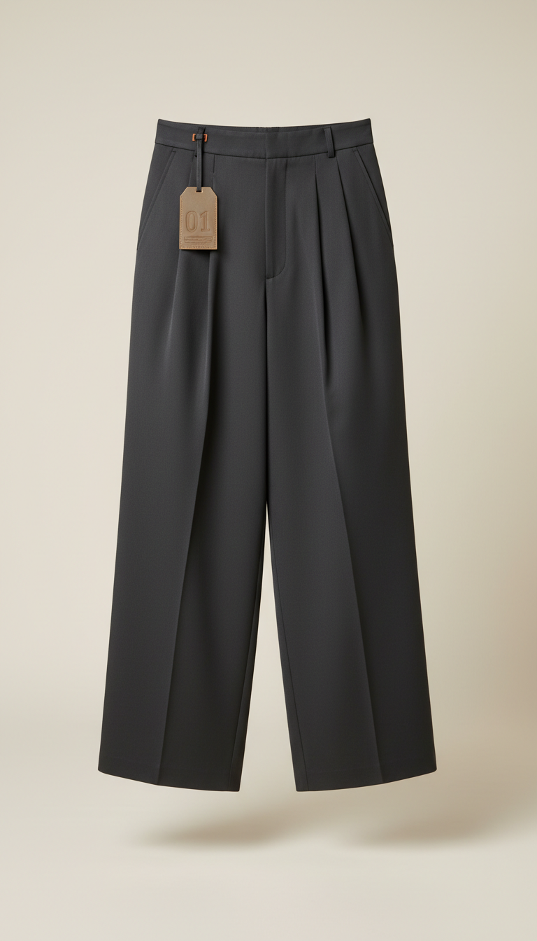 Charcoal Pleated Wide-Leg Trousers with Collection Tag