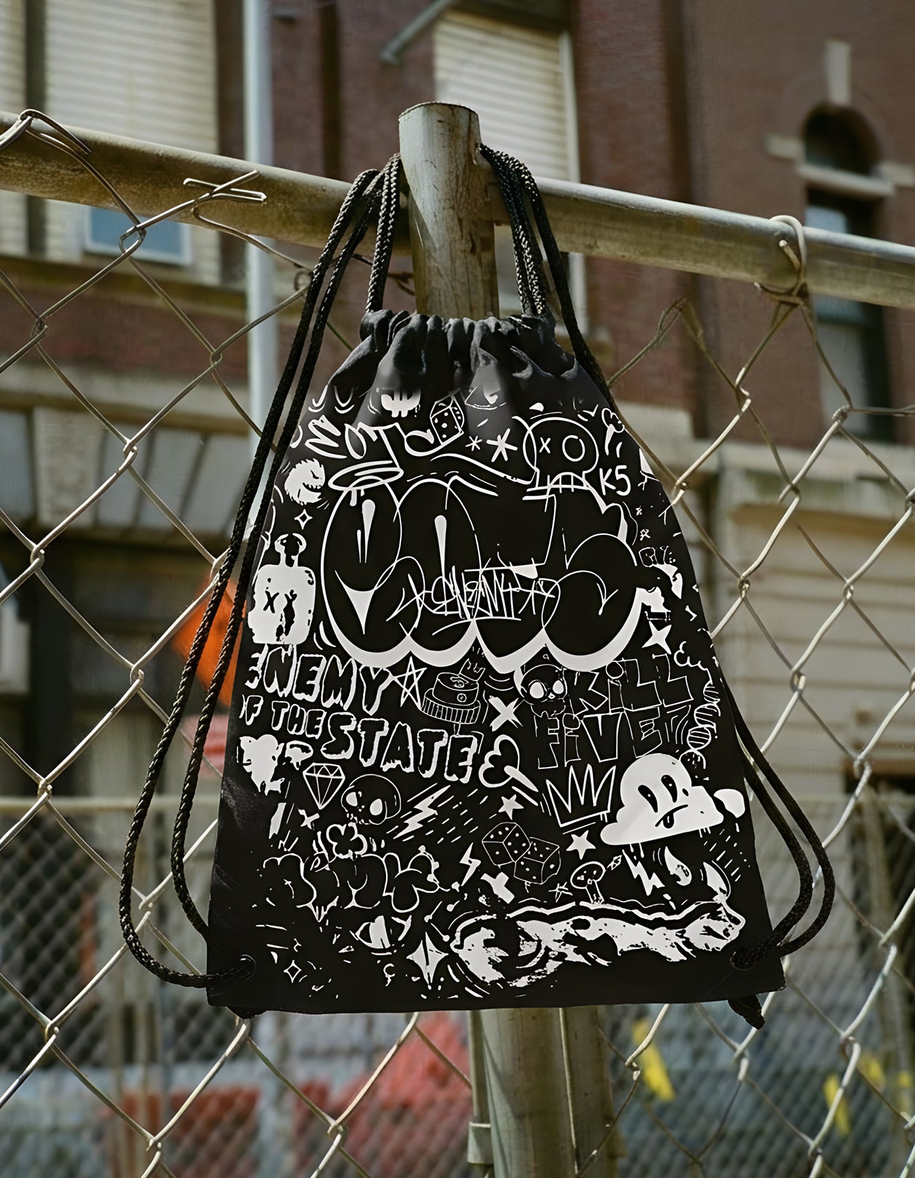 Allover Graffiti Print Drawstring Bag w/ Paracord String