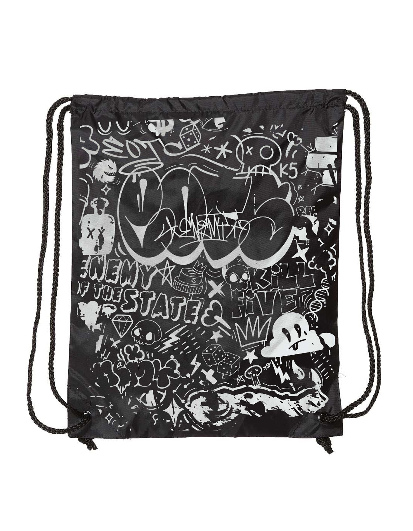 Allover Graffiti Print Drawstring Bag w/ Paracord String