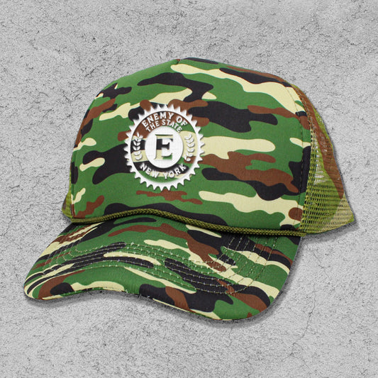 Forest Camo Bank of the Enemy State Embroidered Trucker Hat